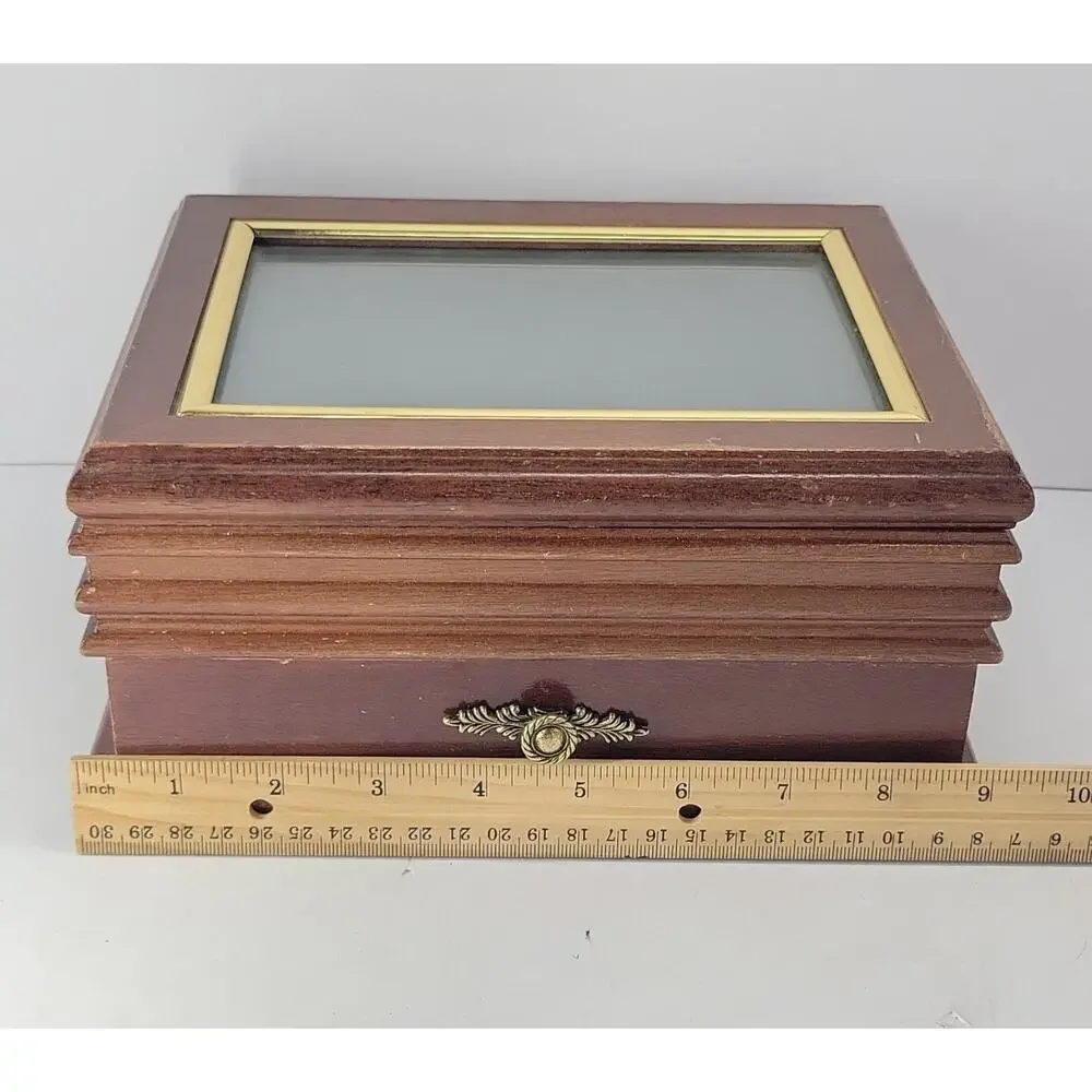 Wooden Jewelry Box with Photo Frame Lid Mirror Drawer Ring Organizer Brown